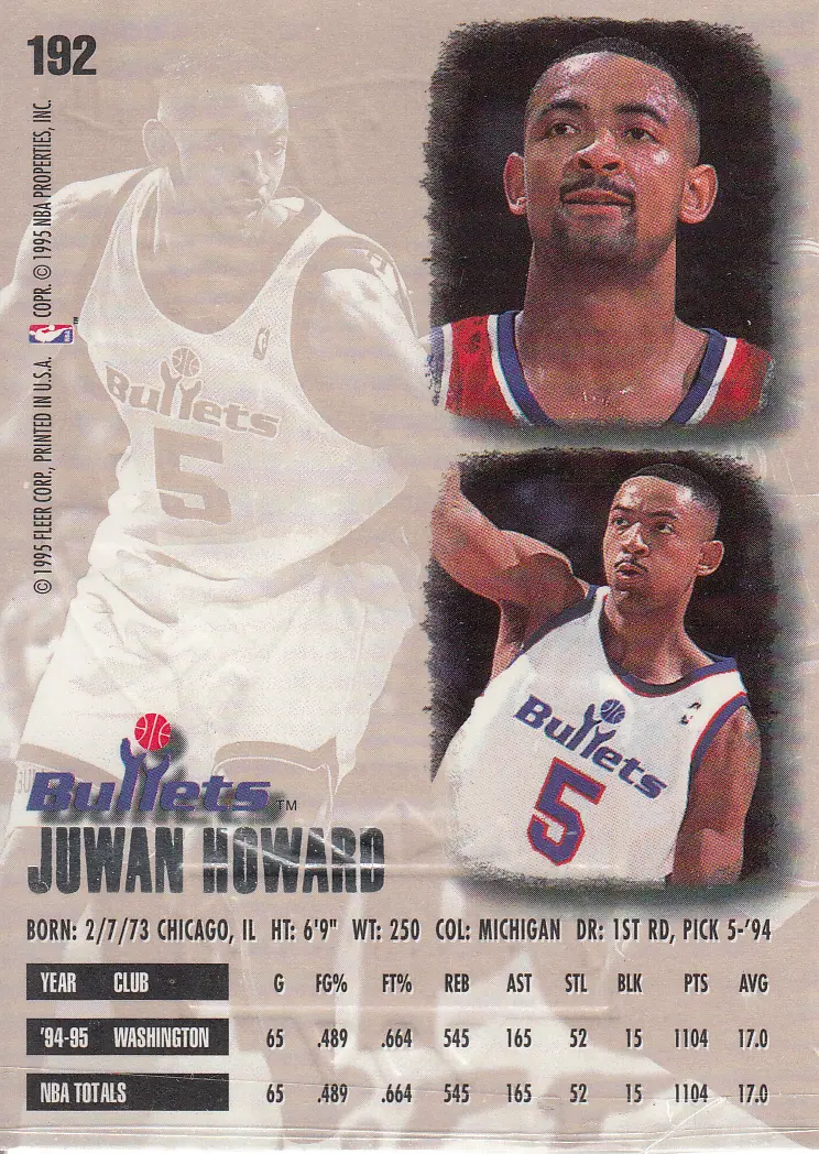 Back view of Juwan Howard 1995-96 Ultra #192 showing stats for Washington Bullets