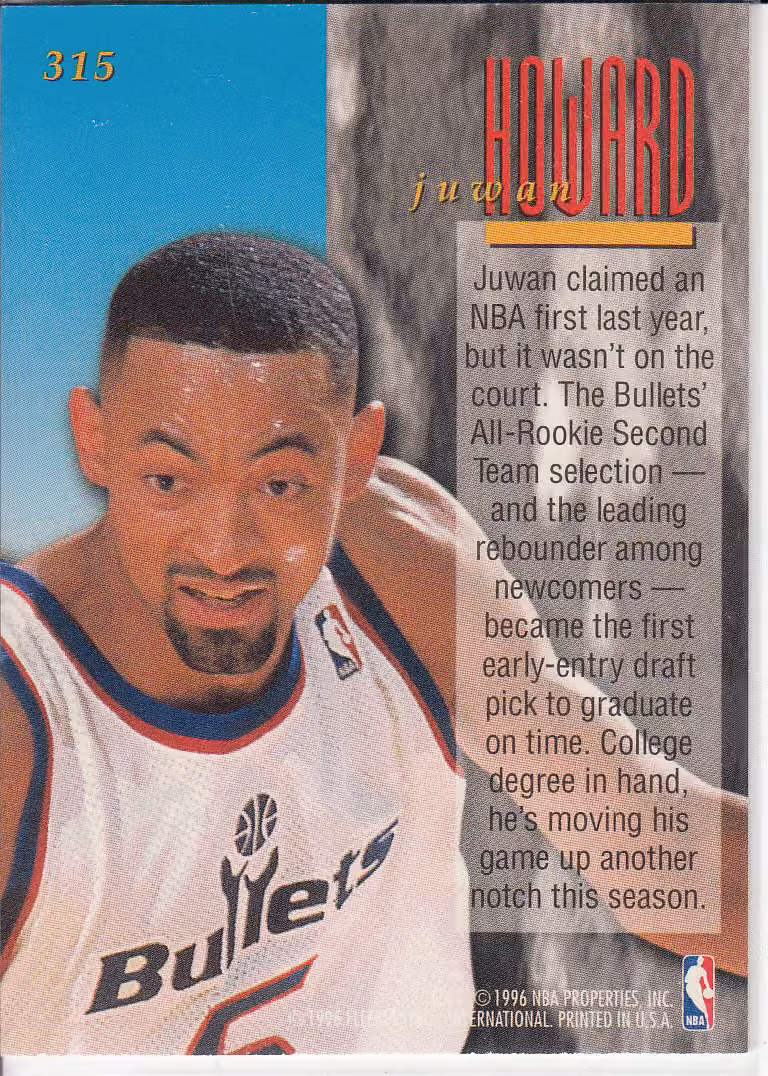 Back scan of 1995-96 Ultra Juwan Howard showing stats for Washington Bullets - Juwan Howard Collector Private Collection