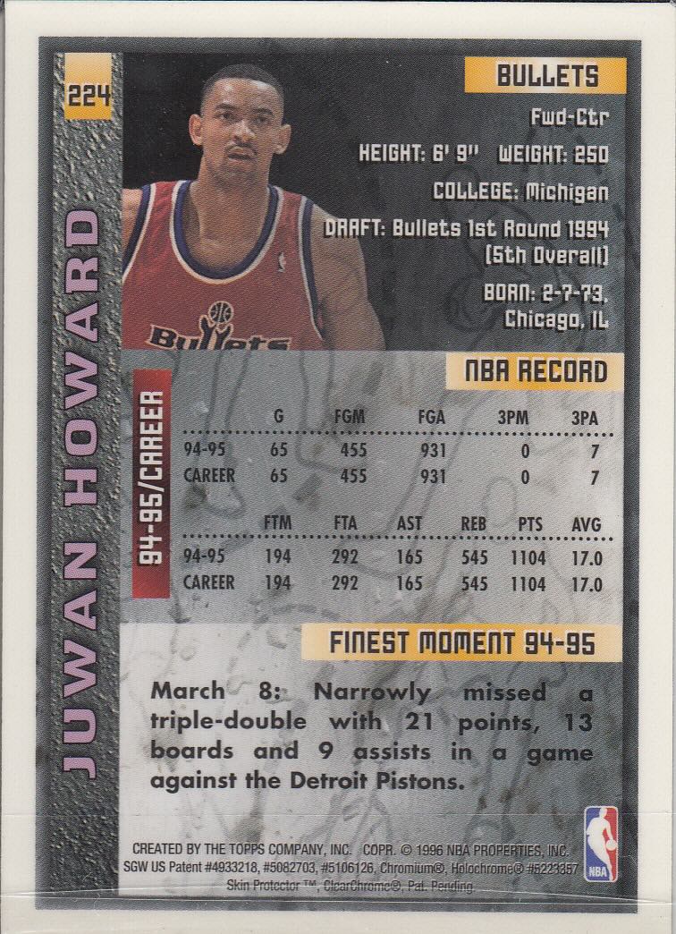 Back view of Juwan Howard 1995-96 Topps Finest #224 showing stats for Washington Bullets