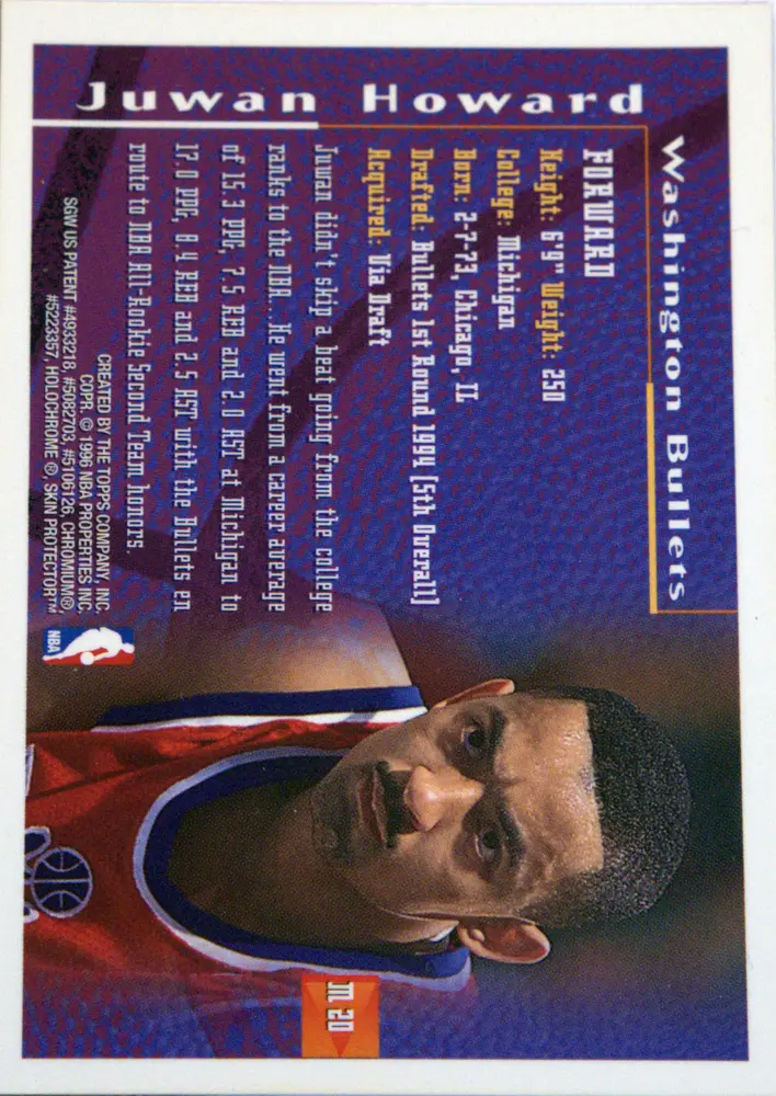 Back view of Juwan Howard 1995-96 Topps Finest #M20 showing stats for Washington Bullets