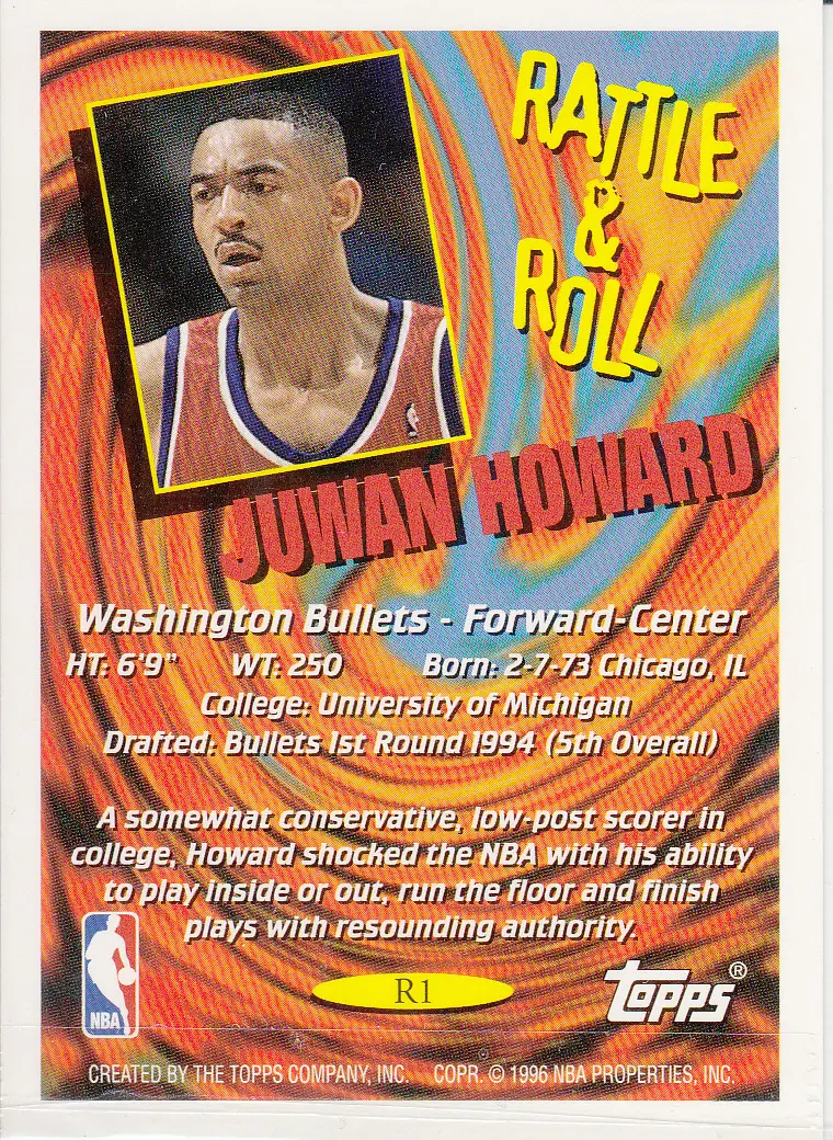 Back view of Juwan Howard 1995-96 Topps #R1 showing stats for Washington Bullets