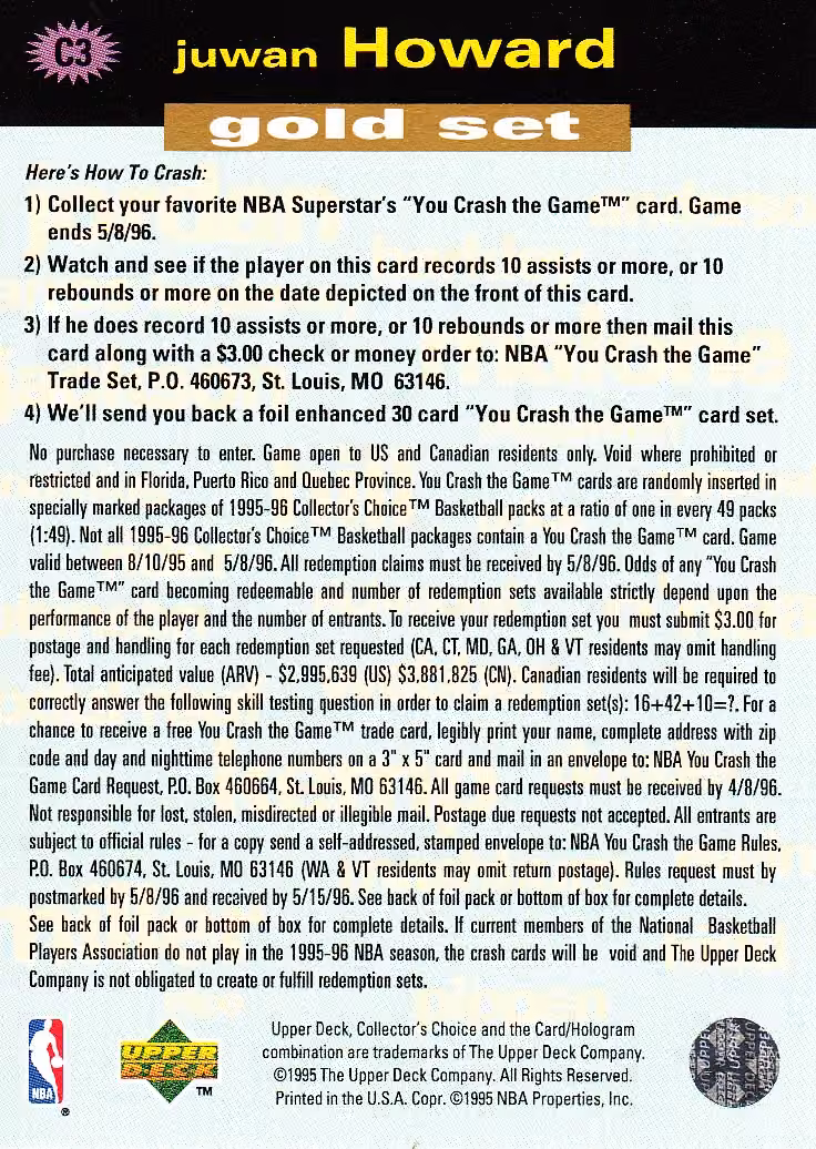 Back scan of 1995-96 Collectors Choice Juwan Howard showing stats for Washington Bullets - Juwan Howard Collector Private Collection