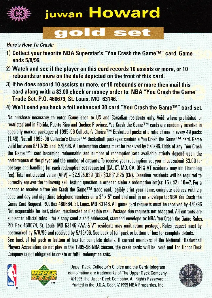 Back view of Juwan Howard 1995-96 Collectors Choice #C3 showing stats for Washington Bullets