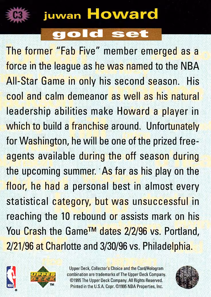 Back scan of 1995-96 Collectors Choice Juwan Howard showing stats for Washington Bullets - Juwan Howard Collector Private Collection