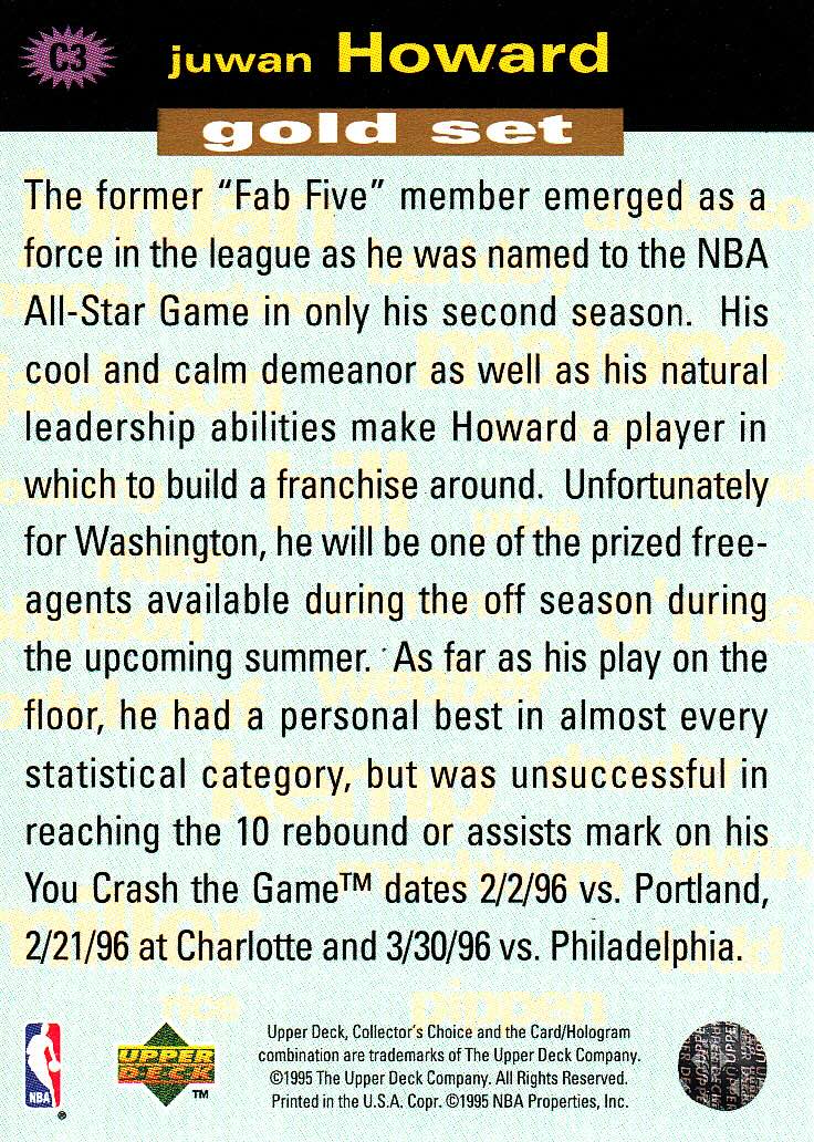 Back view of Juwan Howard 1995-96 Collectors Choice #C3 showing stats for Washington Bullets