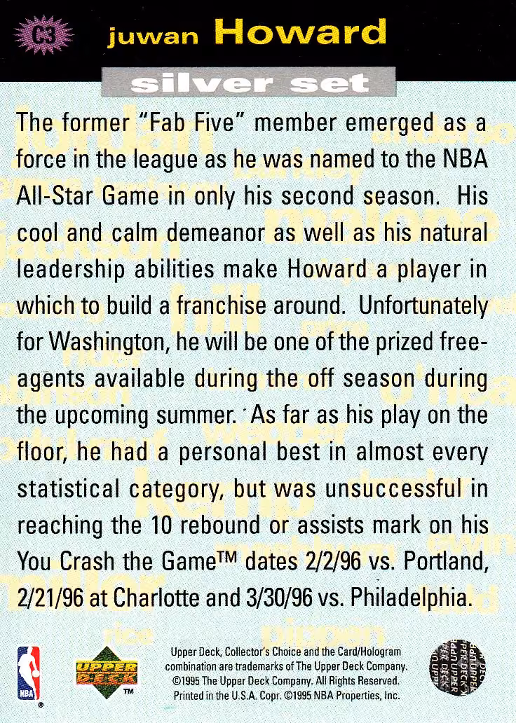 Back scan of 1995-96 Collectors Choice Juwan Howard showing stats for Washington Bullets - Juwan Howard Collector Private Collection
