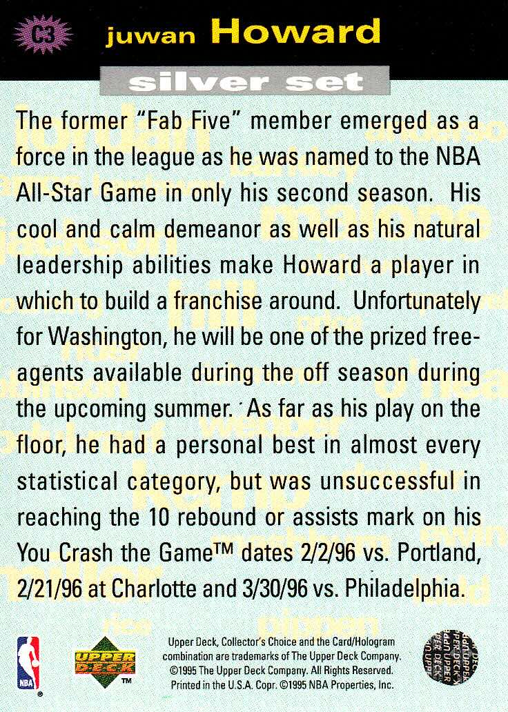 Back view of Juwan Howard 1995-96 Collectors Choice #C3 showing stats for Washington Bullets