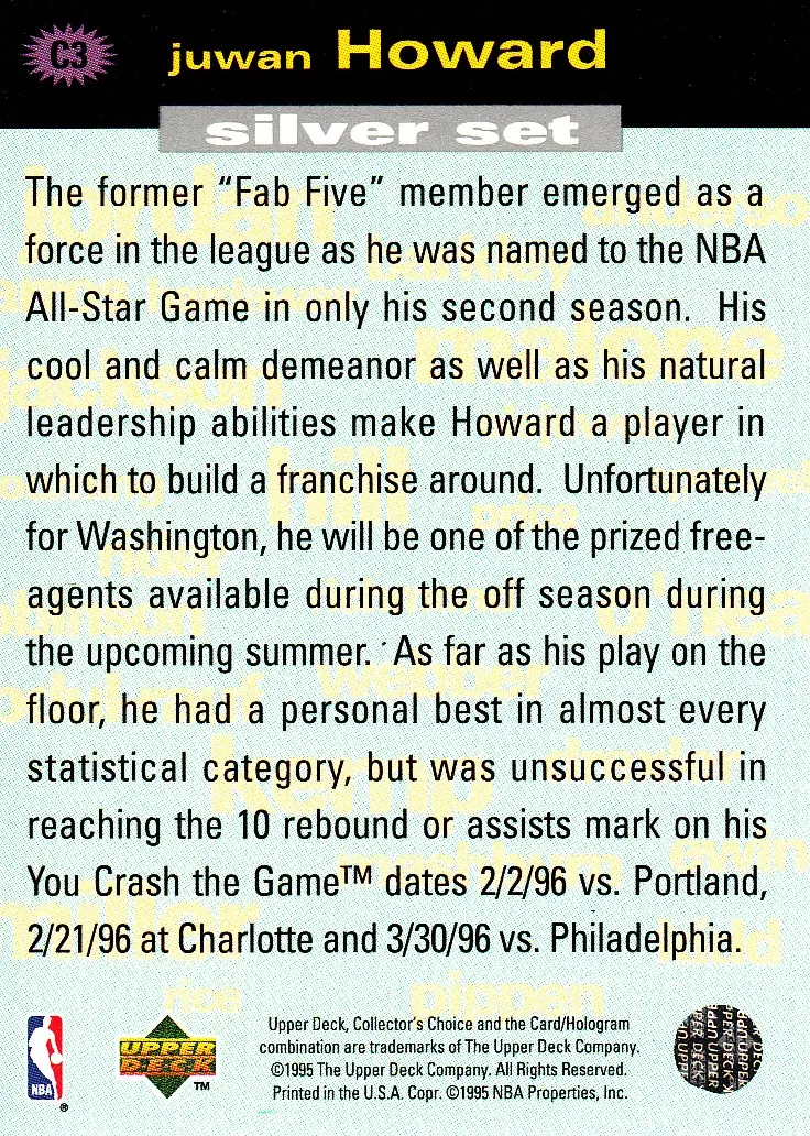 Back view of Juwan Howard 1995-96 Collectors Choice #C3 showing stats for Washington Bullets