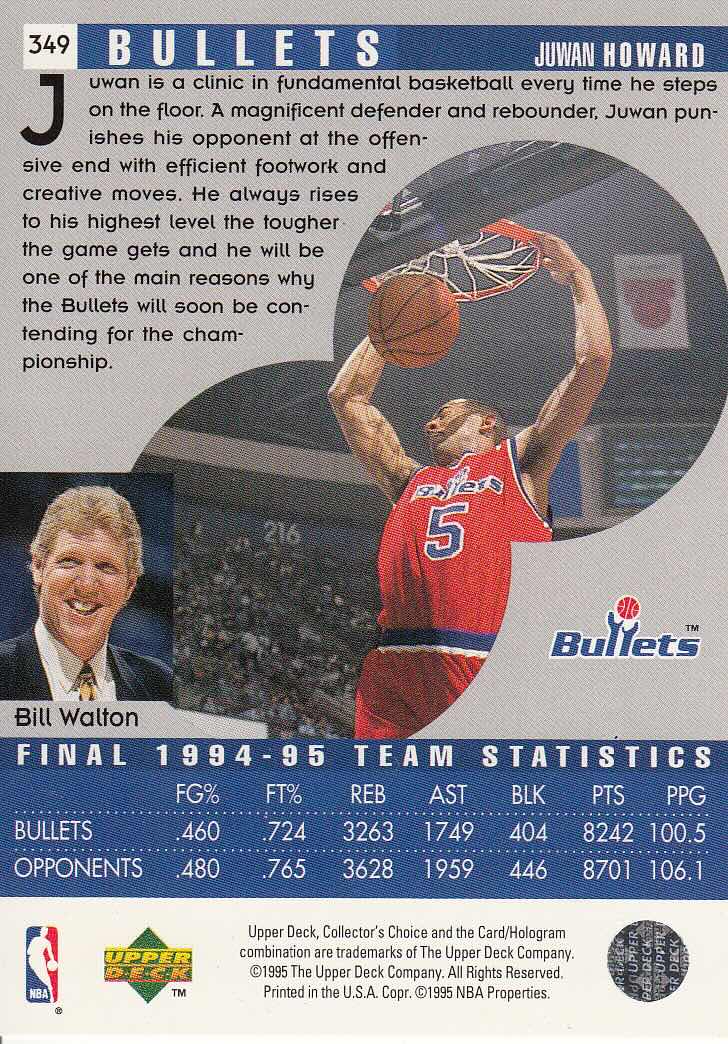 Back view of Juwan Howard 1995-96 Collectors Choice #349 showing stats for Washington Bullets