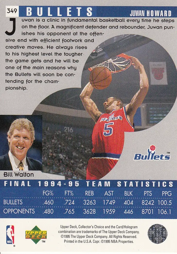 Back view of Juwan Howard 1995-96 Collectors Choice #349 showing stats for Washington Bullets