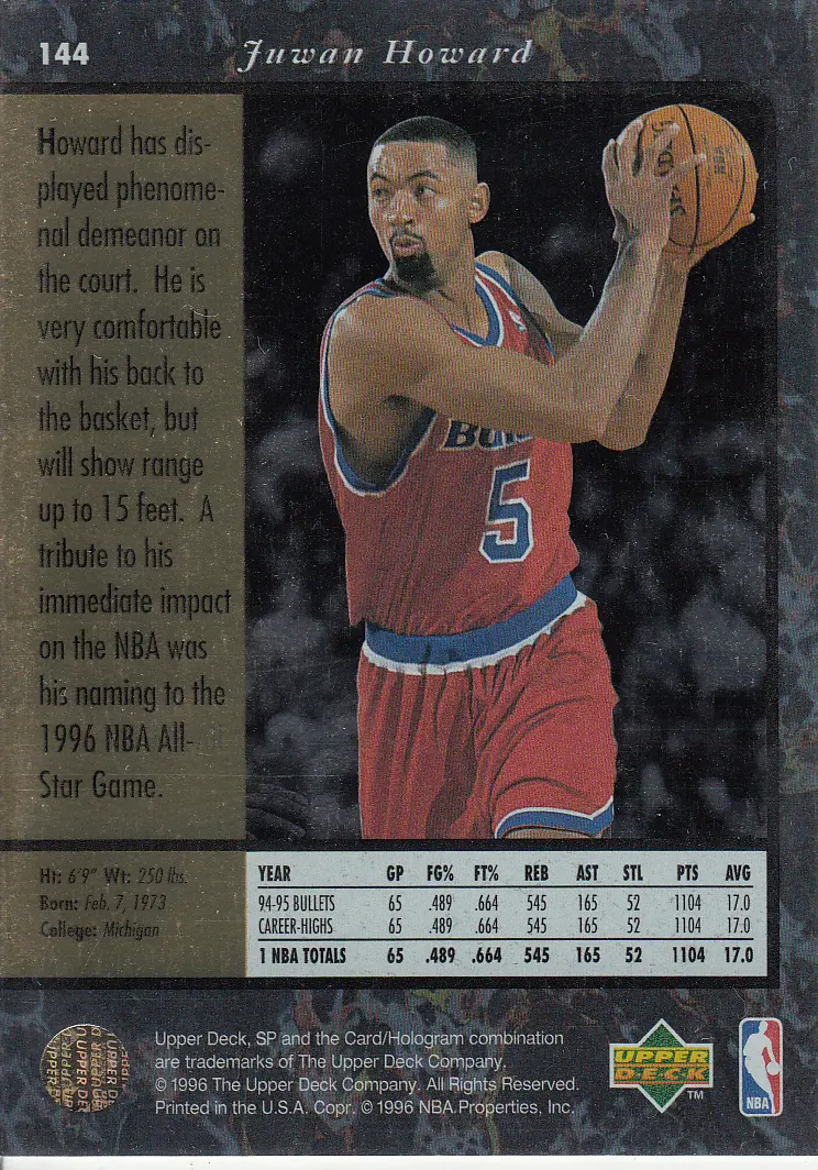 Back view of Juwan Howard 1995-96 SP #144 showing stats for Washington Bullets