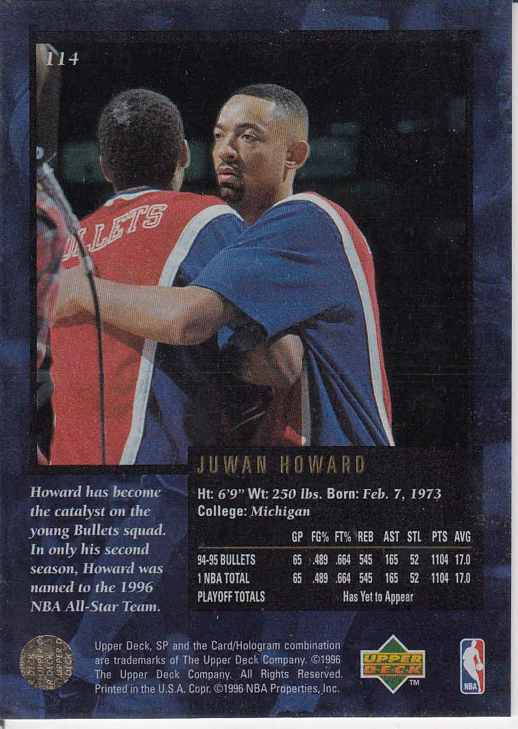 Back scan of 1995-96 SP Championship Juwan Howard showing stats for Washington Bullets - Juwan Howard Collector Private Collection