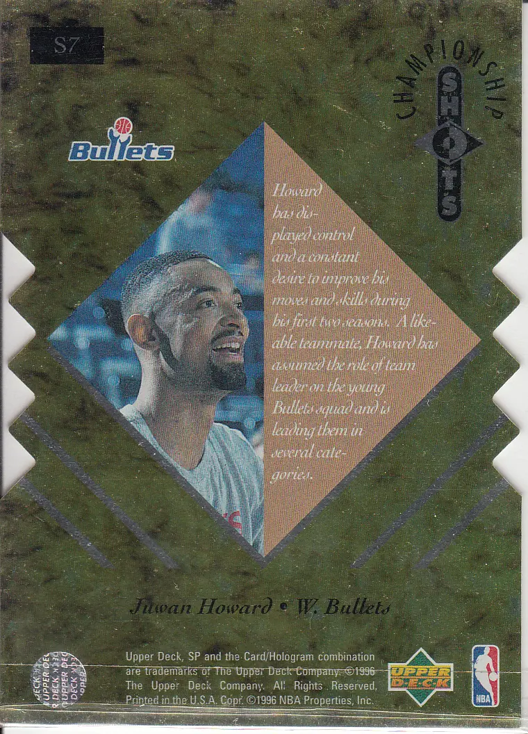 Back view of Juwan Howard 1995-96 SP Championship #S7 showing stats for Washington Bullets