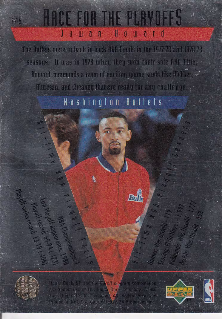 Back scan of 1995-96 SP Championship Juwan Howard showing stats for Washington Bullets - Juwan Howard Collector Private Collection