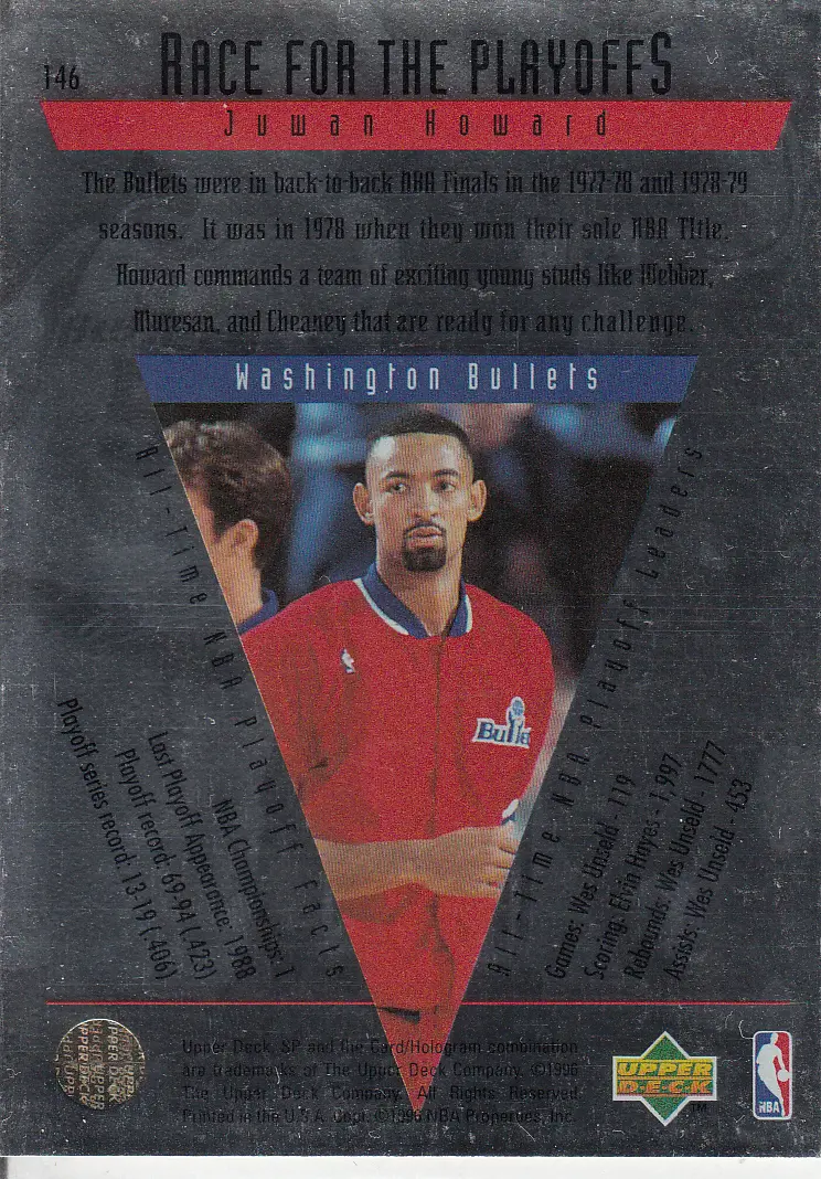 Back view of Juwan Howard 1995-96 SP Championship #146 showing stats for Washington Bullets