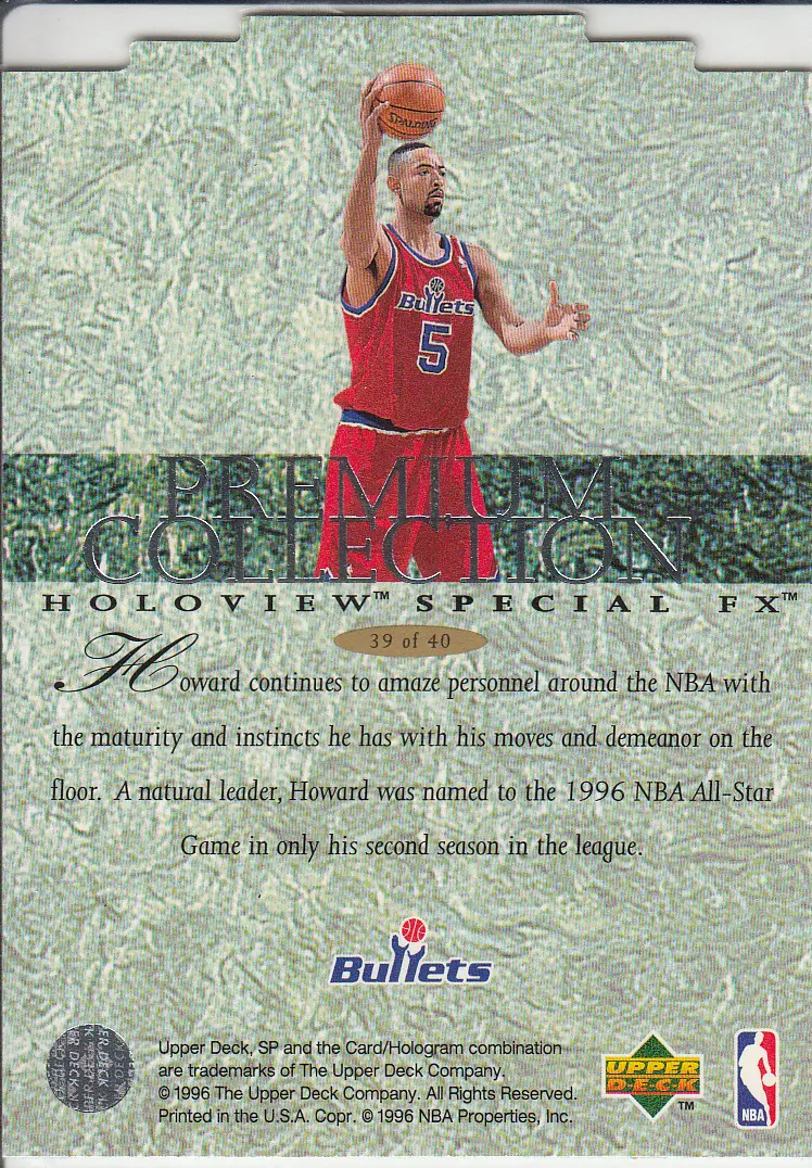 Back view of Juwan Howard 1995-96 SP #PC39 showing stats for Washington Bullets