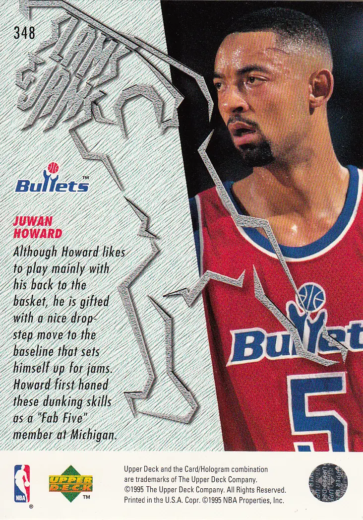 Back view of Juwan Howard 1995-96 Upper Deck #348 showing stats for Washington Bullets