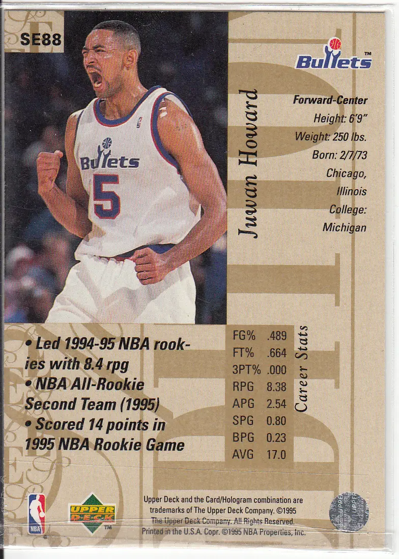 Back view of Juwan Howard 1995-96 Upper Deck #SE88 showing stats for Washington Bullets