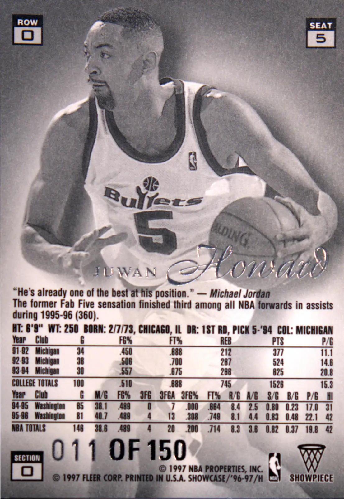 Back view of Juwan Howard 1996-97 Flair Showcase #ROW 0 SEAT 5 showing stats for Washington Bullets