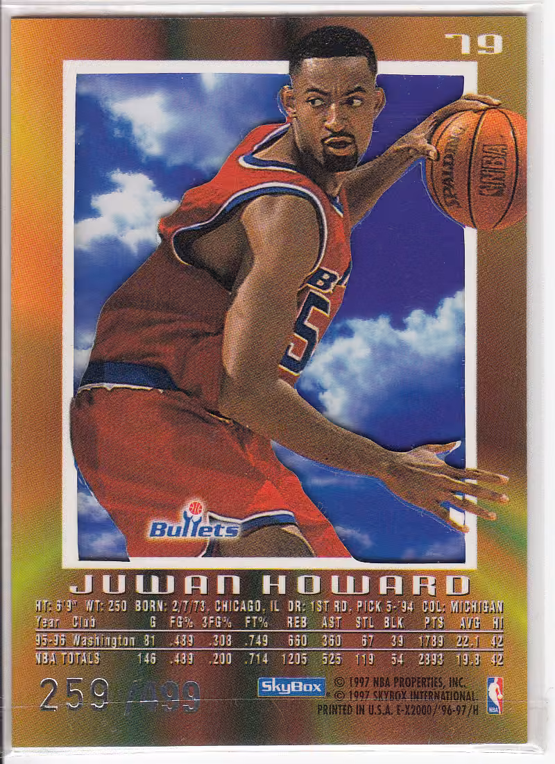 Back scan of 1996-97 SkyBox E-2000 Juwan Howard showing stats for Washington Bullets - Juwan Howard Collector Private Collection