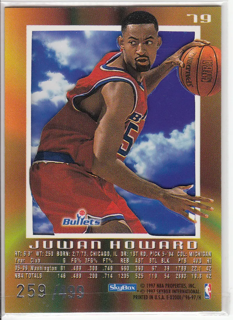 Back view of Juwan Howard 1996-97 SkyBox E-2000 #79 showing stats for Washington Bullets