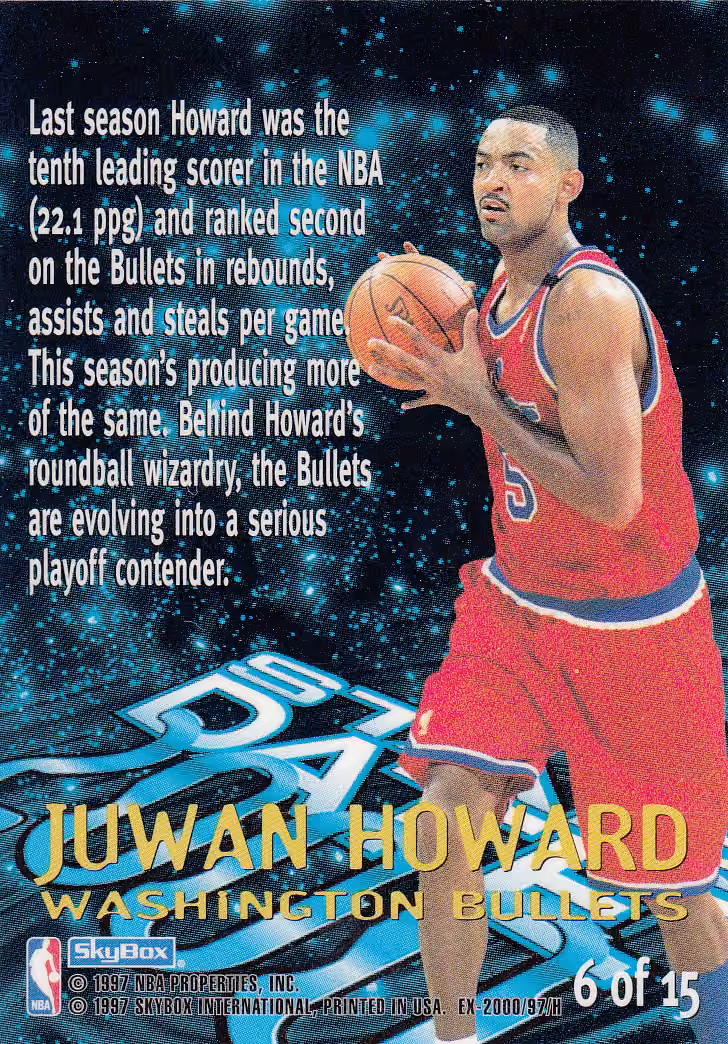 Back scan of 1996-97 SkyBox E-2000 Juwan Howard showing stats for Washington Bullets - Juwan Howard Collector Private Collection