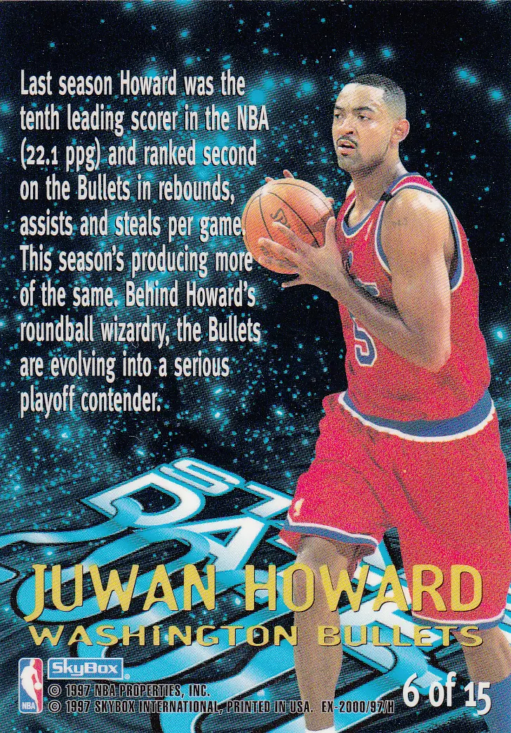 Back view of Juwan Howard 1996-97 SkyBox E-2000 #6 showing stats for Washington Bullets