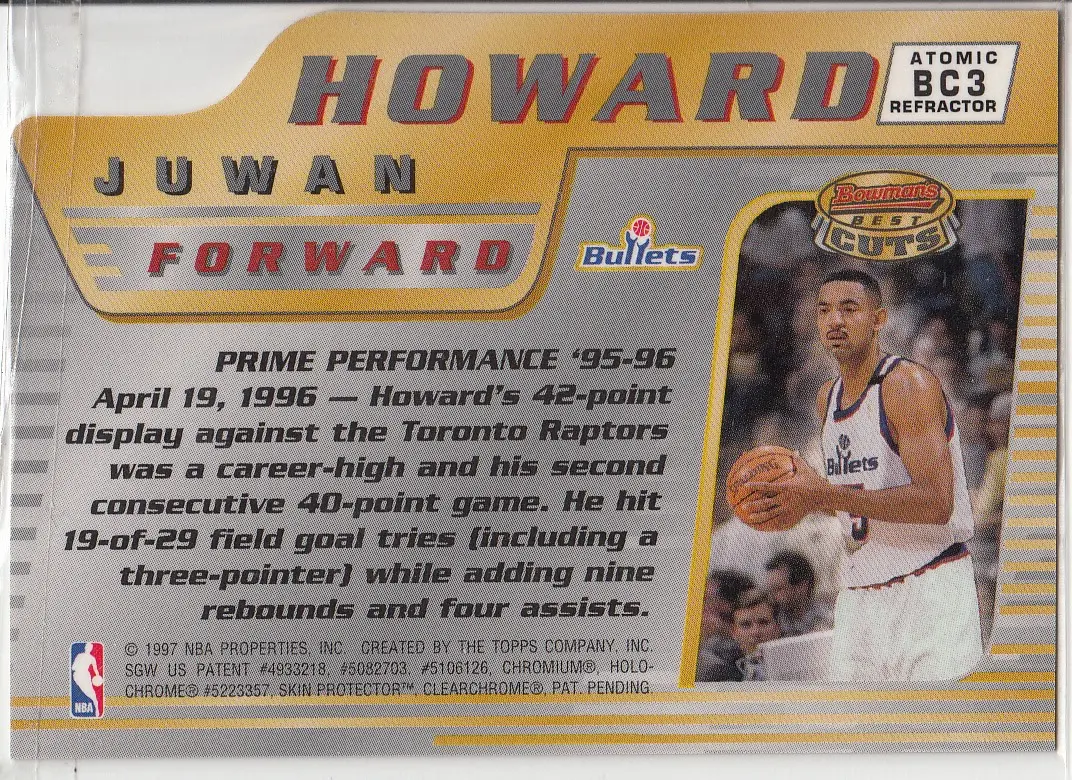 Back view of Juwan Howard 1996-97 Topps Bowman's Best #BC3 showing stats for Washington Bullets