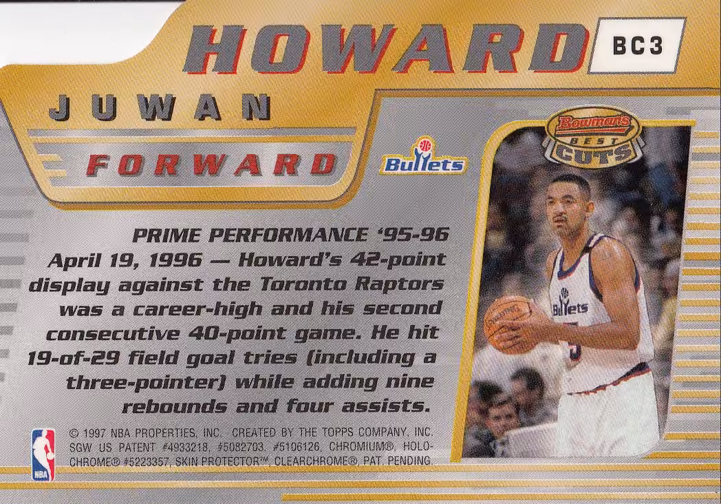 Back scan of 1996-97 Topps Bowman's Best Juwan Howard showing stats for Washington Bullets - Juwan Howard Collector Private Collection