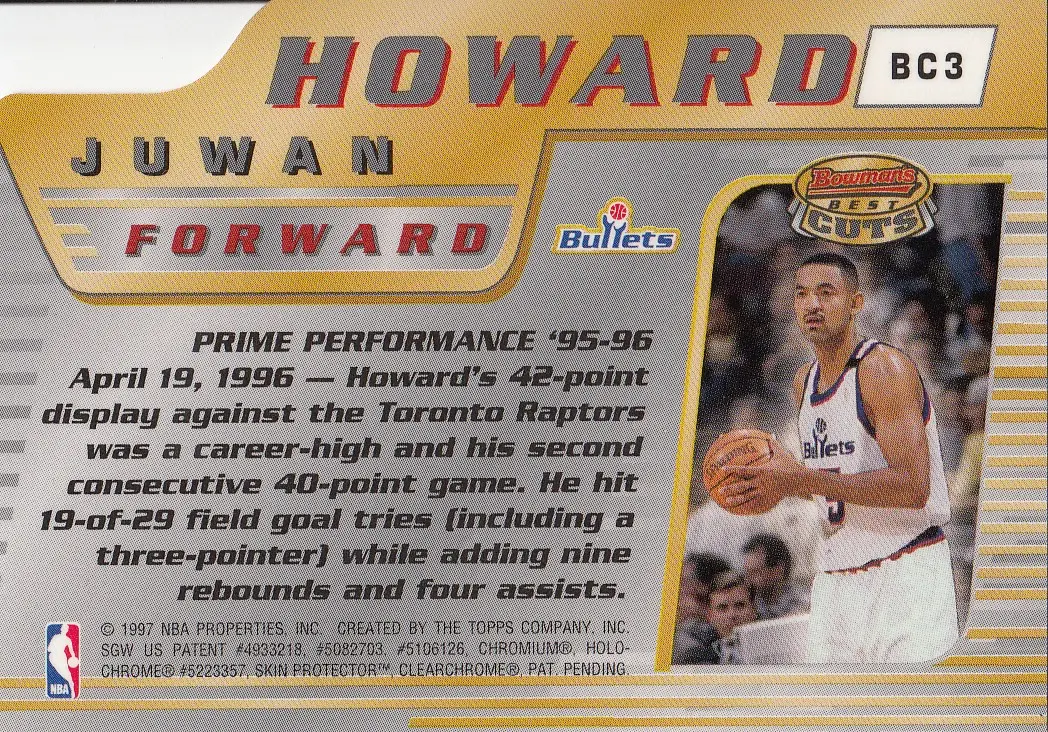 Back view of Juwan Howard 1996-97 Topps Bowman's Best #BC3 showing stats for Washington Bullets
