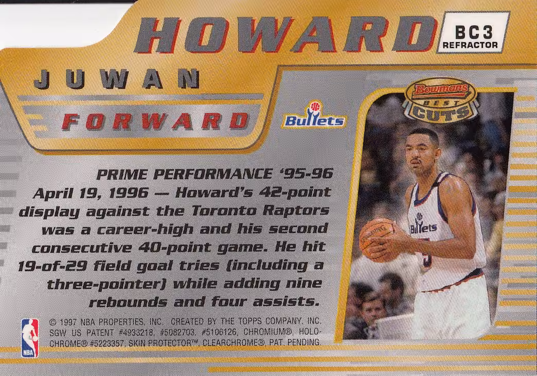 Back scan of 1996-97 Topps Bowman's Best Juwan Howard showing stats for Washington Bullets - Juwan Howard Collector Private Collection