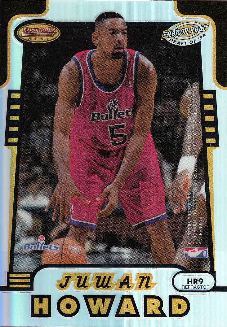 Back view of Juwan Howard 1996-97 Topps Bowman's Best #HR9 showing stats for Washington Bullets