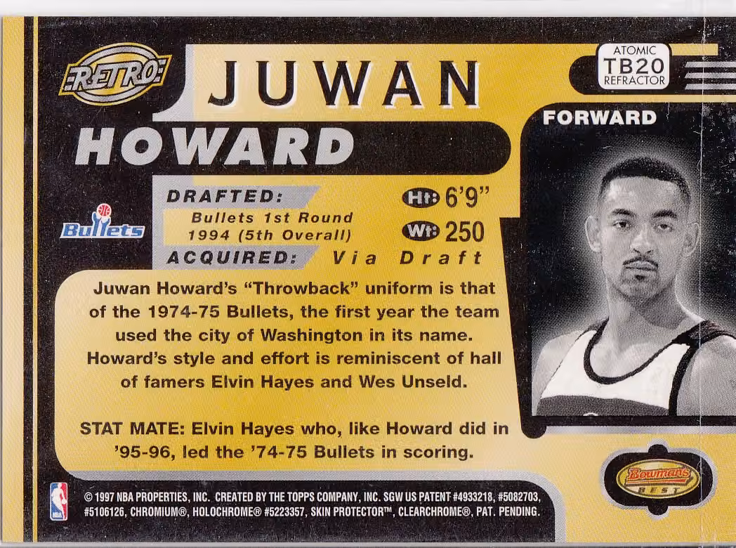 Back scan of 1996-97 Topps Bowman's Best Juwan Howard showing stats for Washington Bullets - Juwan Howard Collector Private Collection
