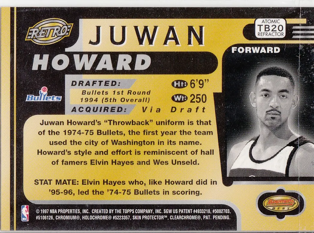 Back view of Juwan Howard 1996-97 Topps Bowman's Best #TB20 showing stats for Washington Bullets