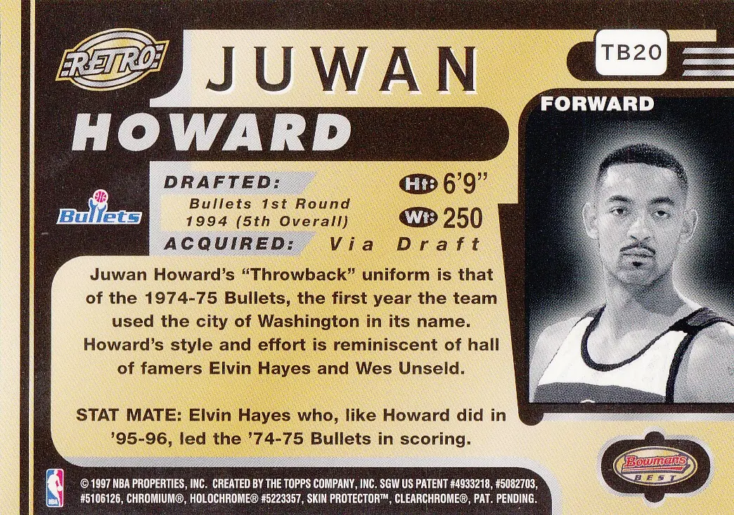 Back view of Juwan Howard 1996-97 Topps Bowman's Best #TB20 showing stats for Washington Bullets