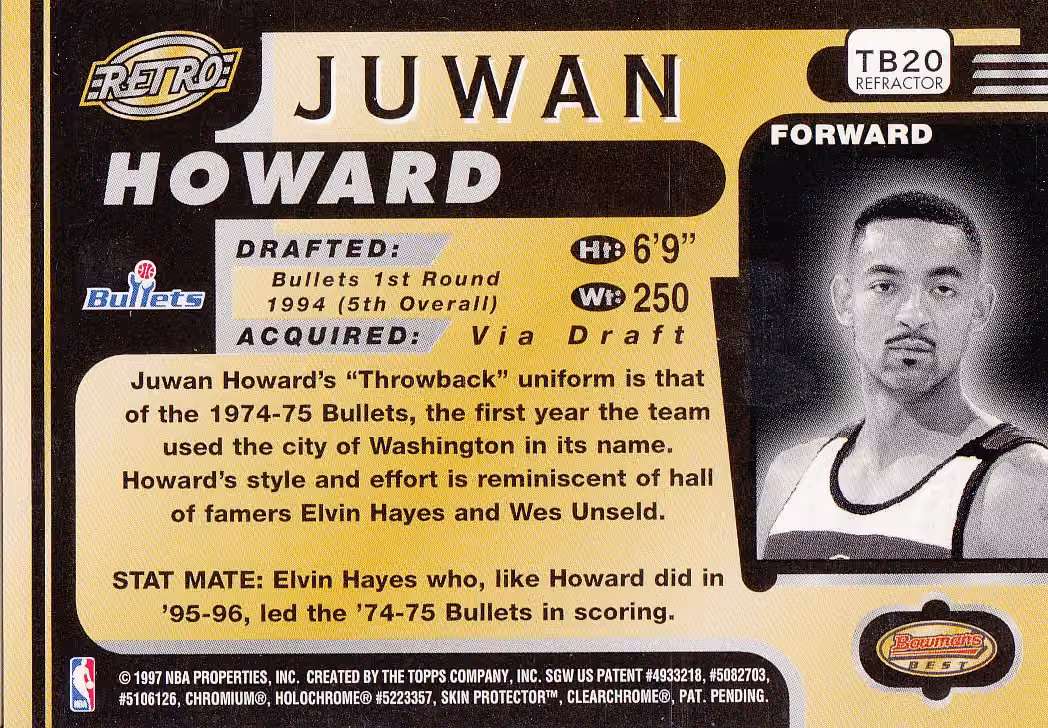 Back scan of 1996-97 Topps Bowman's Best Juwan Howard showing stats for Washington Bullets - Juwan Howard Collector Private Collection