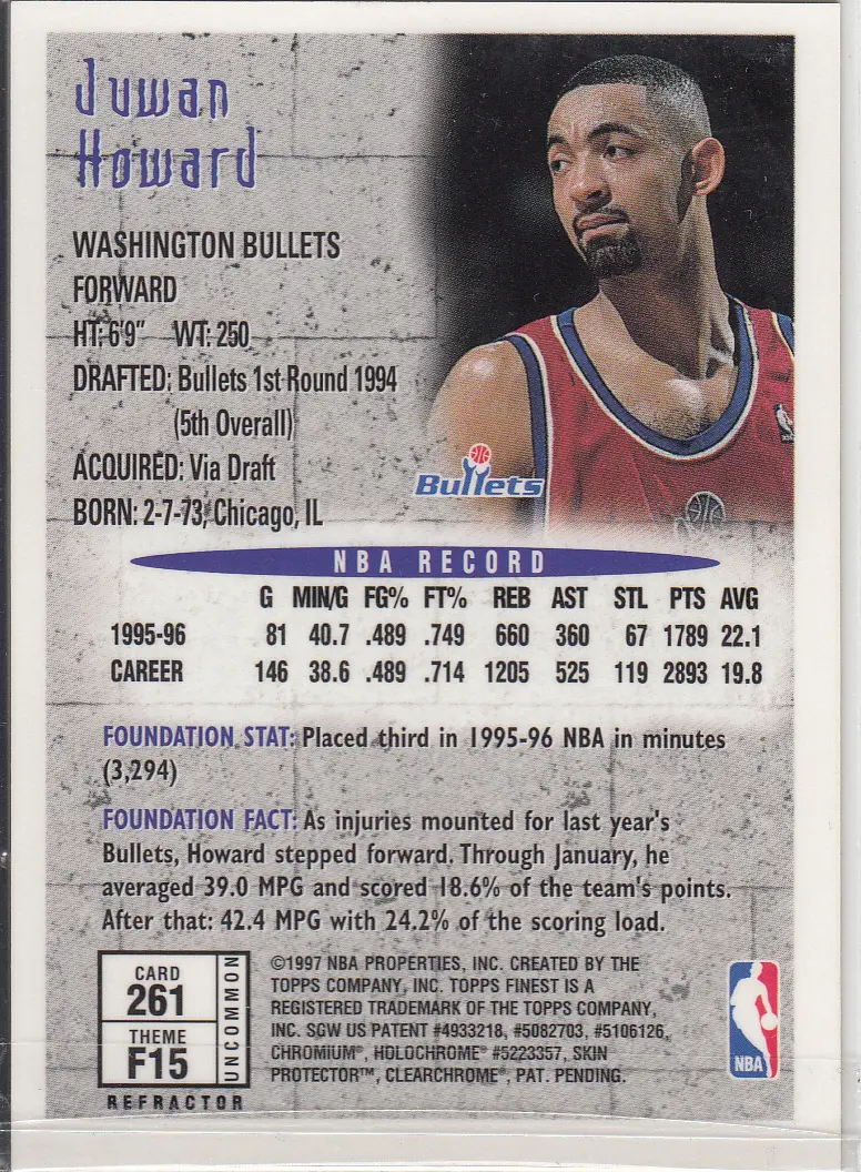 Back view of Juwan Howard 1996-97 Topps Finest #261 showing stats for Washington Bullets