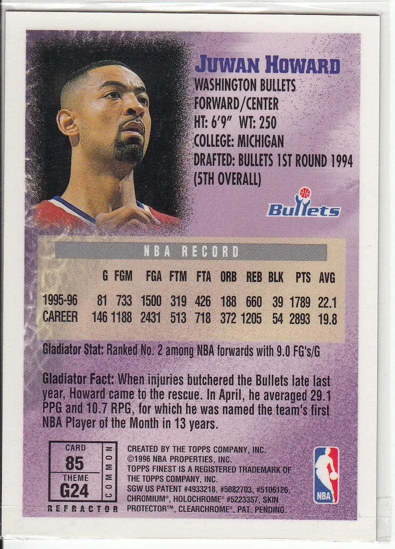 Back view of Juwan Howard 1996-97 Topps Finest #85 showing stats for Washington Bullets