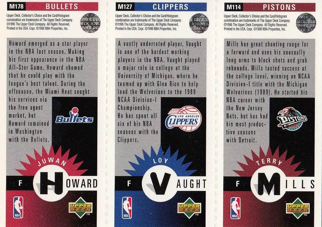 Back view of Juwan Howard 1996-97 Collectors Choice #M178 showing stats for Washington Bullets