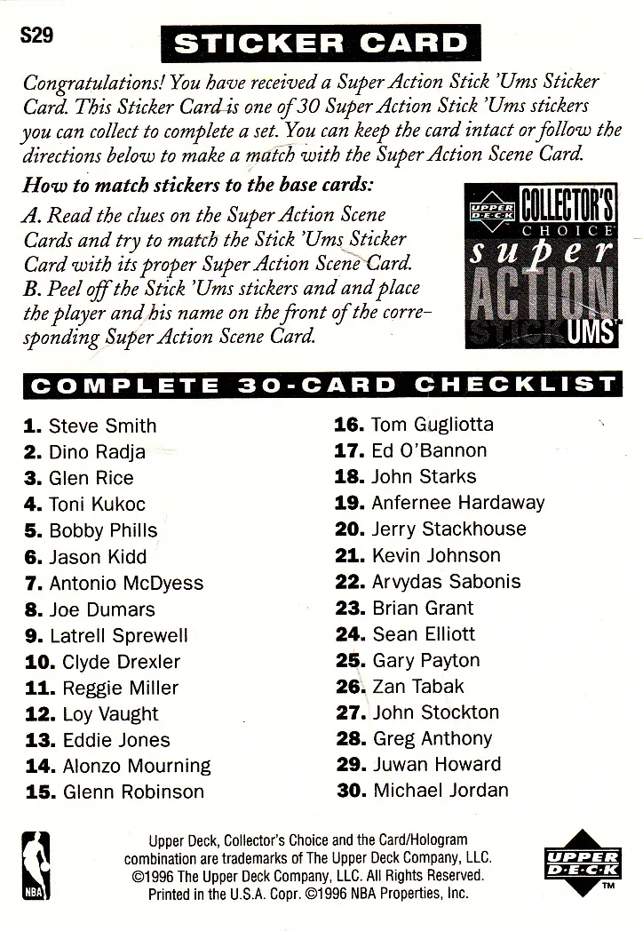 Back view of Juwan Howard 1996-97 Collectors Choice #S29 showing stats for Washington Bullets