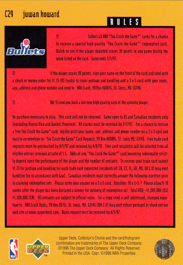 Back scan of 1996-97 Collectors Choice Juwan Howard showing stats for Washington Bullets - Juwan Howard Collector Private Collection