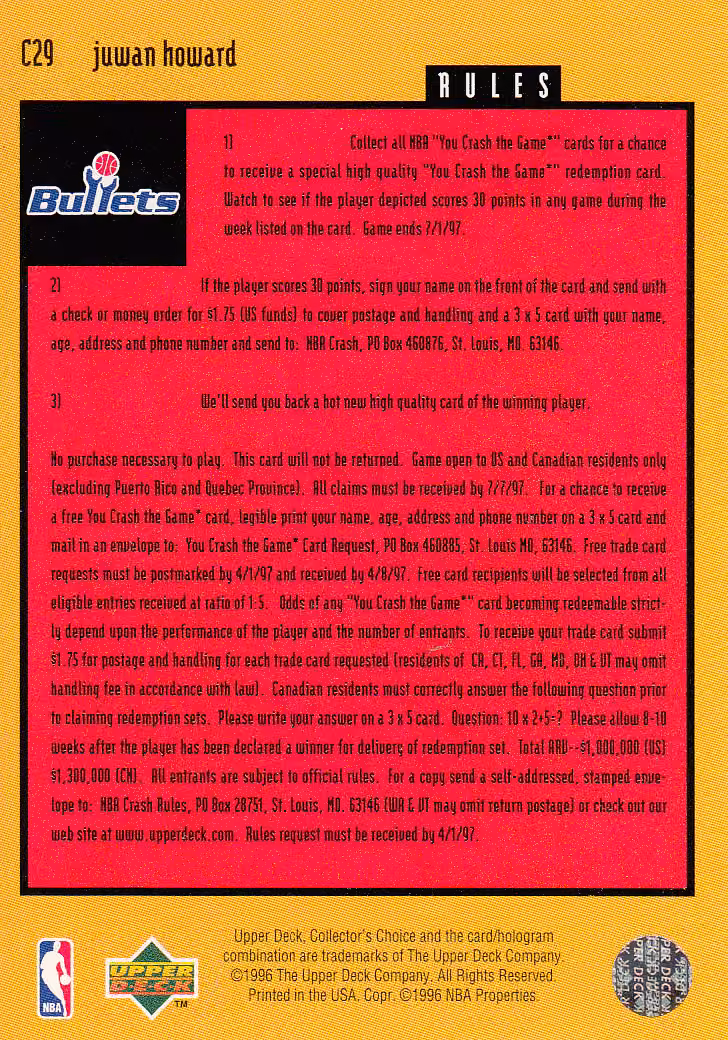 Back scan of 1996-97 Collectors Choice Juwan Howard showing stats for Washington Bullets - Juwan Howard Collector Private Collection