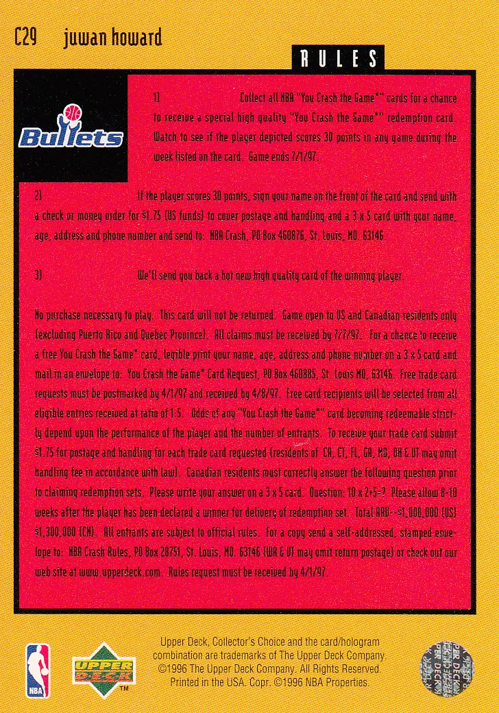 Back view of Juwan Howard 1996-97 Collectors Choice #C29 showing stats for Washington Bullets