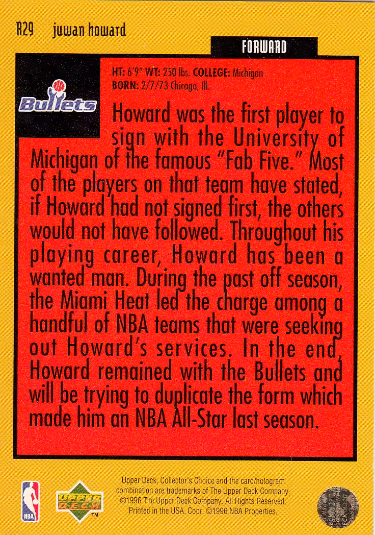 Back scan of 1996-97 Collectors Choice Juwan Howard showing stats for Washington Bullets - Juwan Howard Collector Private Collection