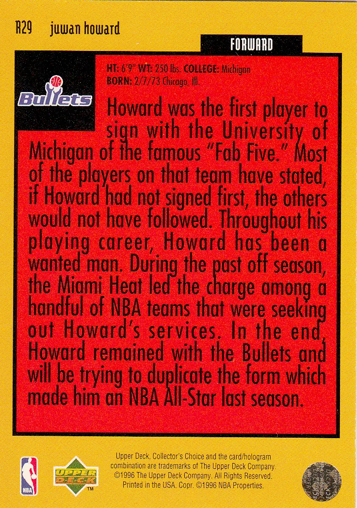 Back view of Juwan Howard 1996-97 Collectors Choice #R29 showing stats for Washington Bullets