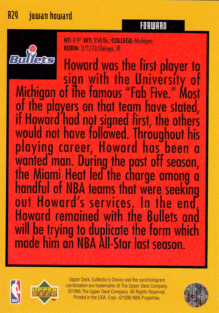Back scan of 1996-97 Collectors Choice Juwan Howard showing stats for Washington Bullets - Juwan Howard Collector Private Collection
