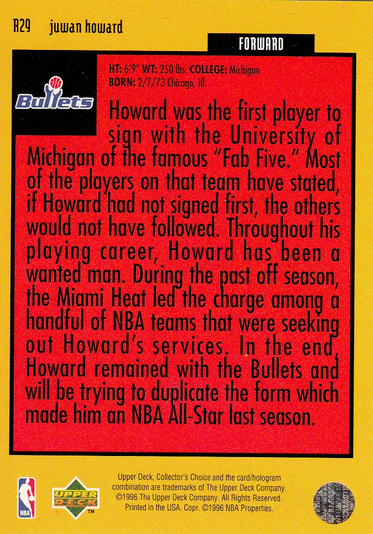 Back view of Juwan Howard 1996-97 Collectors Choice #R29 showing stats for Washington Bullets