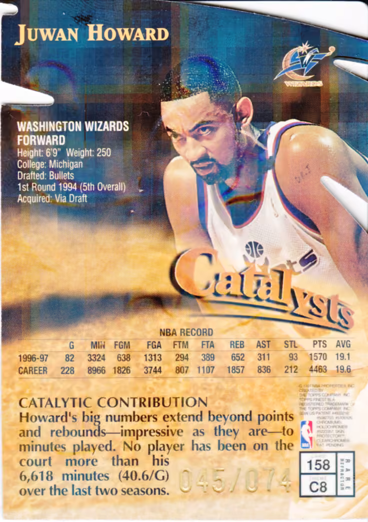 Back scan of 1997-98 Topps Finest Juwan Howard showing stats for Washington Bullets - Juwan Howard Collector Private Collection