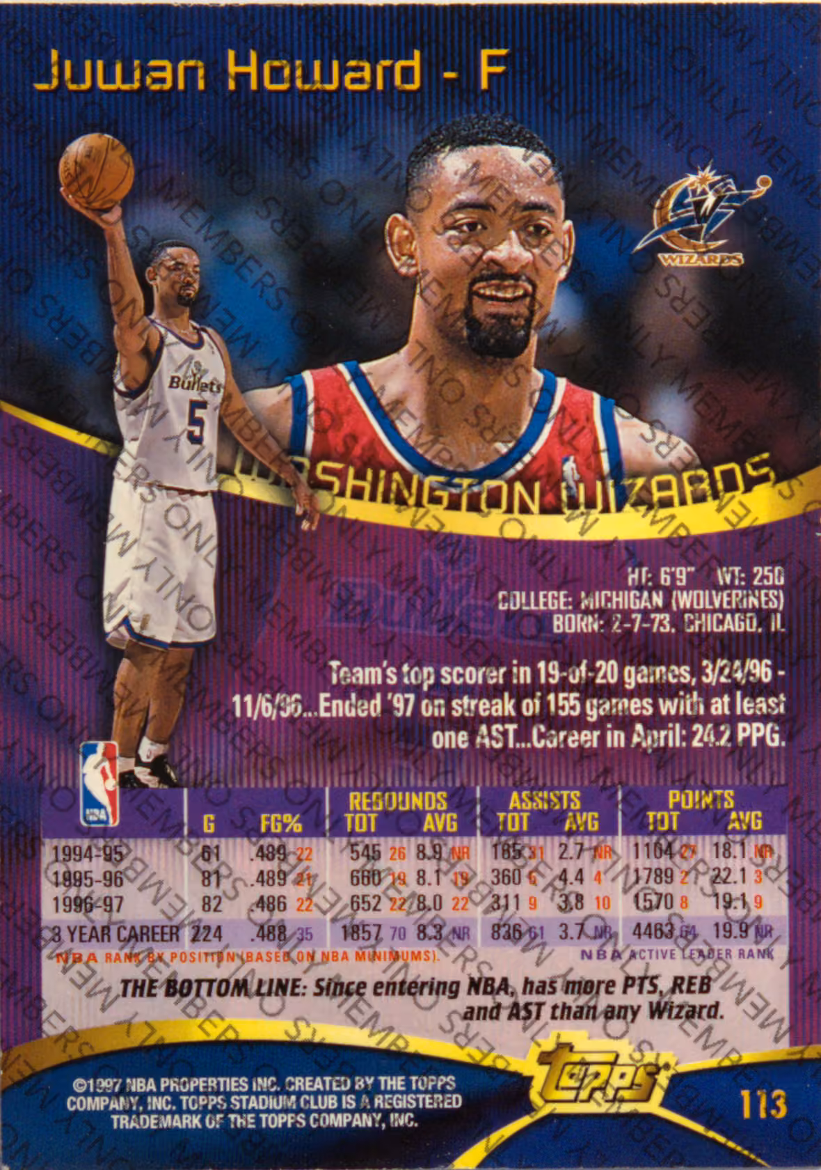 Back scan of 1997-98 Topps Stadium Club Juwan Howard showing stats for Washington Bullets - Juwan Howard Collector Private Collection