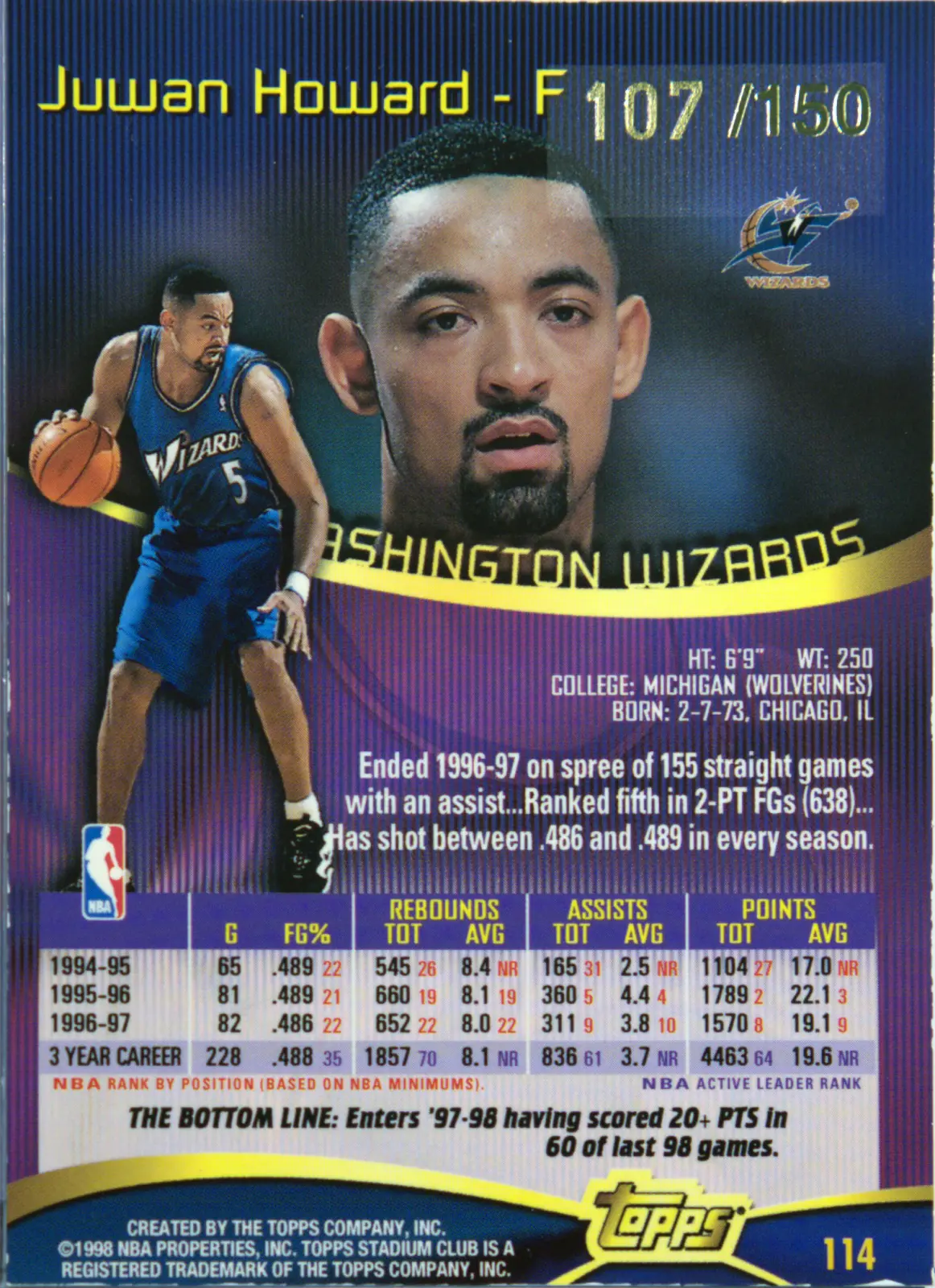 Back scan of Juwan Howard 1997-98 Topps Stadium Club #114 showing stats for Washington Bullets - Juwan Howard Collector Private Collection